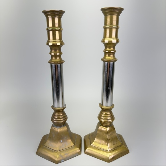 Vintage Two Tone Brass Chrome Candlesticks - Picture 1 of 8